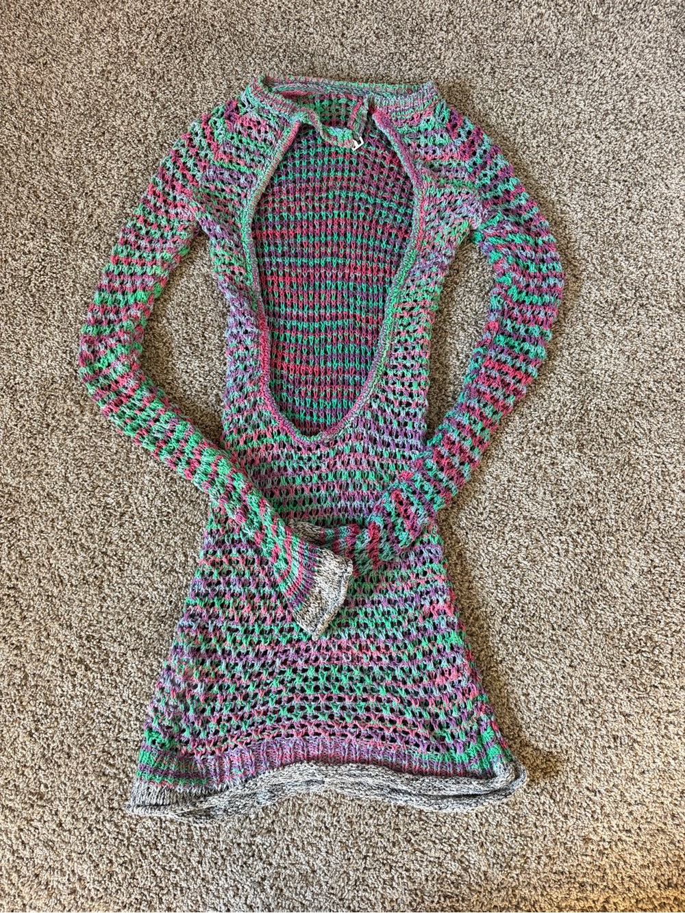 The Attico Pink Green Purple Open-Knit Off-Shoulder Sweater